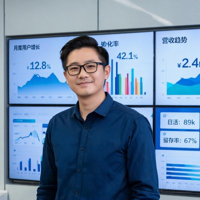 一位三十多岁男性产品总监，戴眼镜，面带微笑，穿深蓝色衬衫，背景是数据看板
