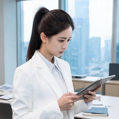 女性首席分析师，扎马尾，穿白色西装外套，手拿平板电脑，神情专注