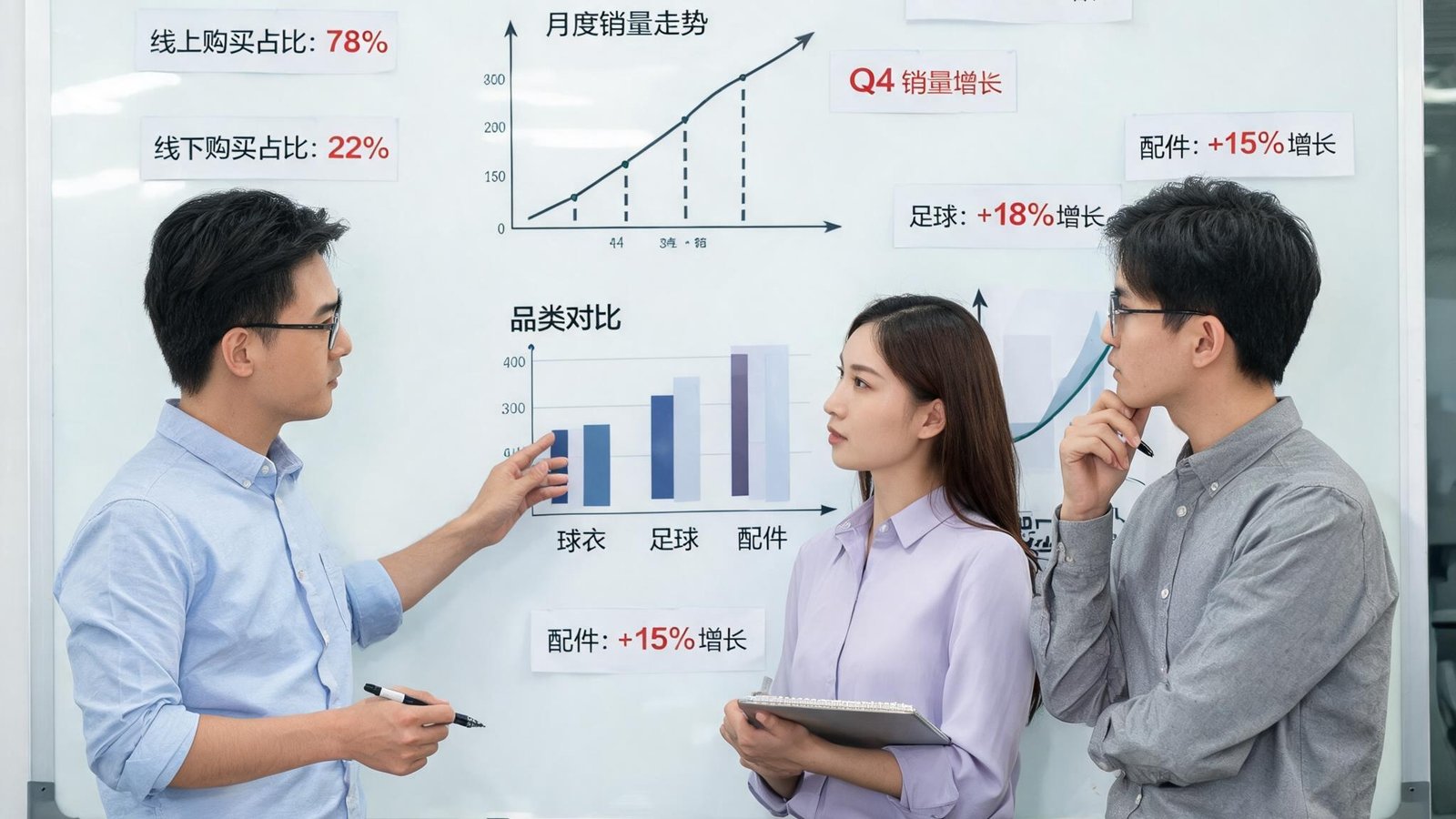 三位数据分析师围坐讨论足球购买趋势图表，白板上贴满数据标签